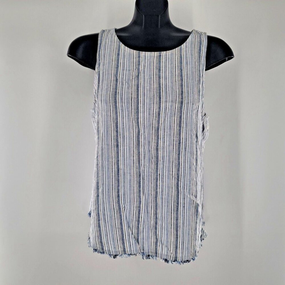 CLOTH & STONE Blue White Striped Tank Top Linen Blend Buttons Raw Hem Edge Large - Picture 1 of 7